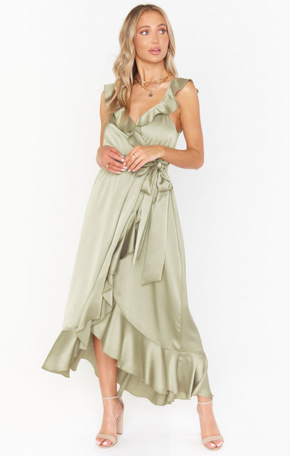 Leonor Green Dress with Wrap Front and Ruffle Trim
