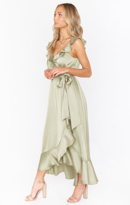 Leonor Green Dress with Wrap Front and Ruffle Trim