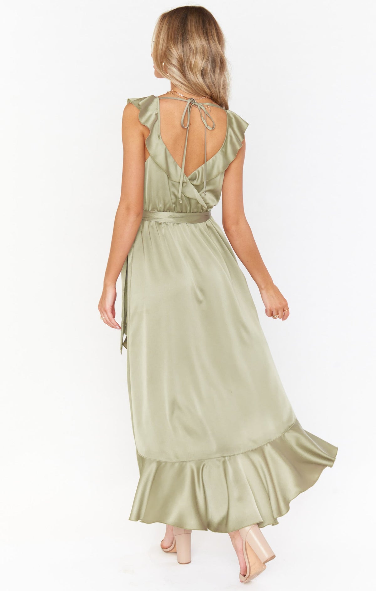 Leonor Green Dress with Wrap Front and Ruffle Trim