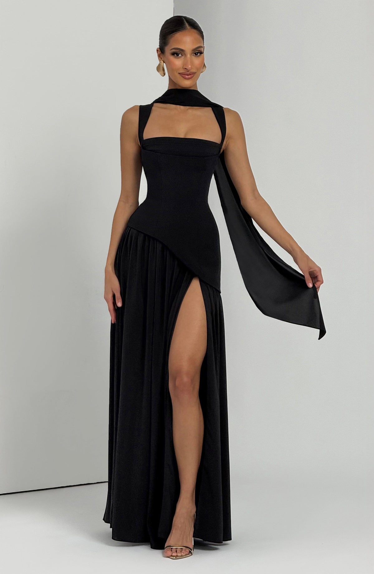 Dominique Black Dress with Strapless Neck and Side Slit