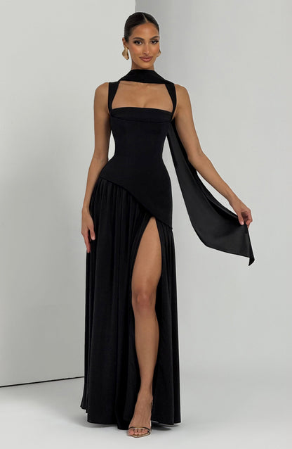 Dominique Black Dress with Strapless Neck and Side Slit