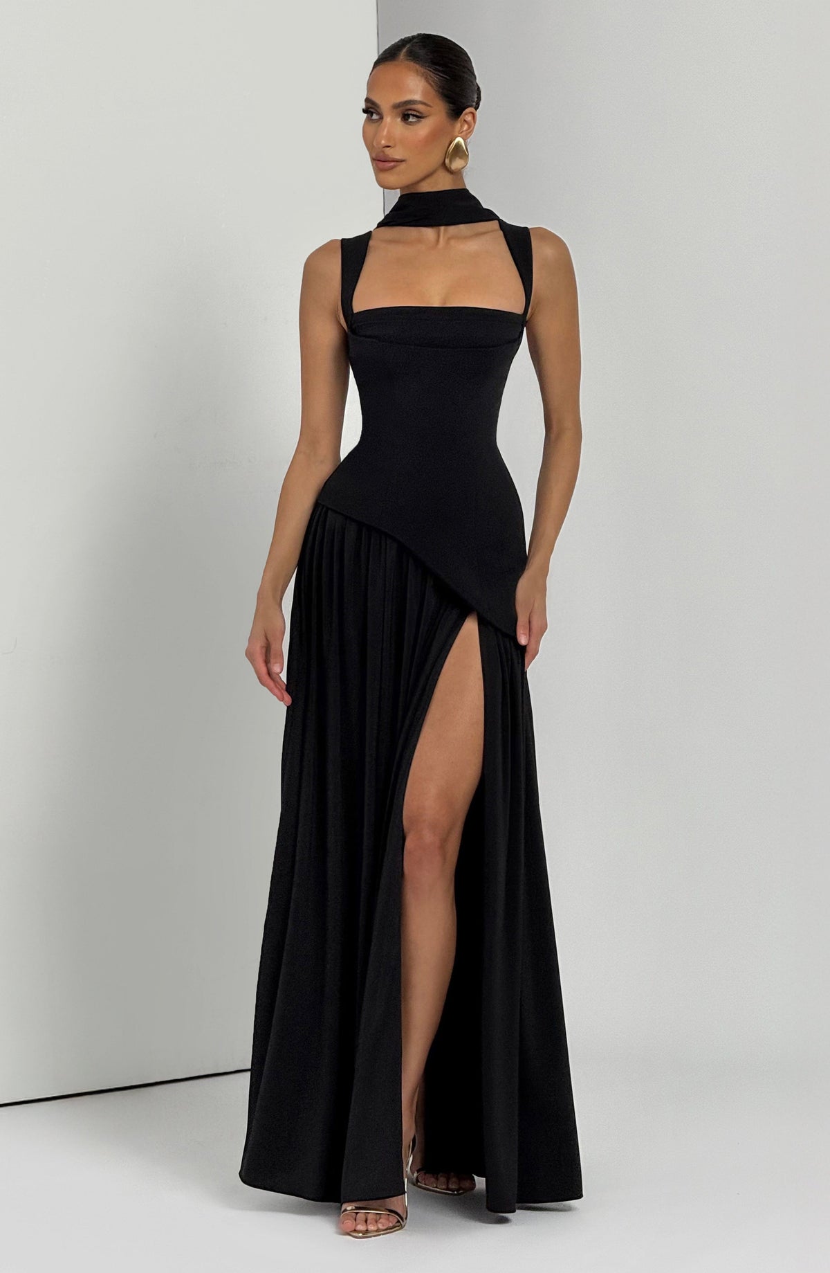 Dominique Black Dress with Strapless Neck and Side Slit