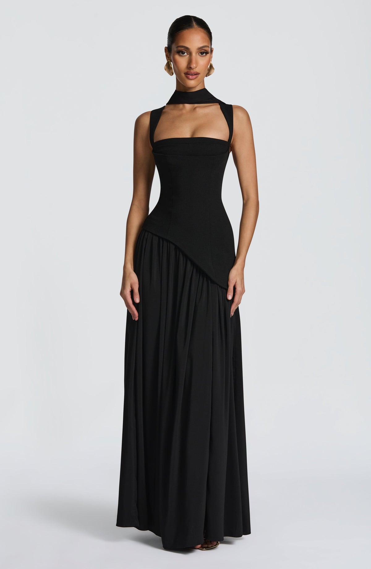 Dominique Black Dress with Strapless Neck and Side Slit