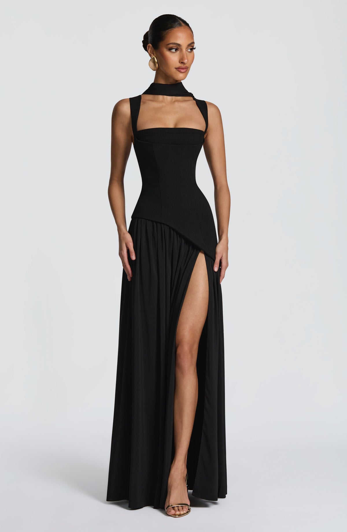 Dominique Black Dress with Strapless Neck and Side Slit