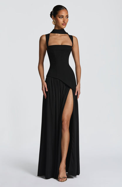 Dominique Black Dress with Strapless Neck and Side Slit