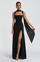 Dominique Black Dress with Strapless Neck and Side Slit
