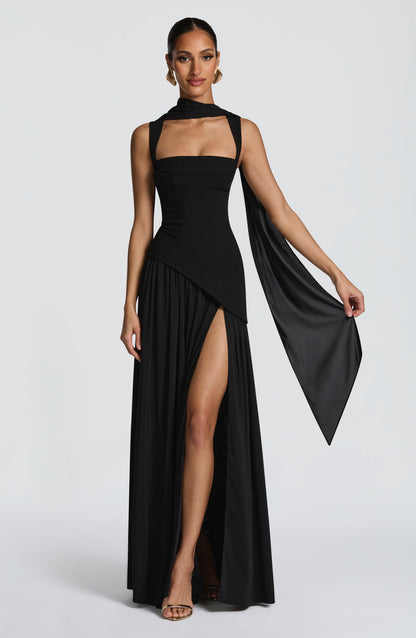 Dominique Black Dress with Strapless Neck and Side Slit
