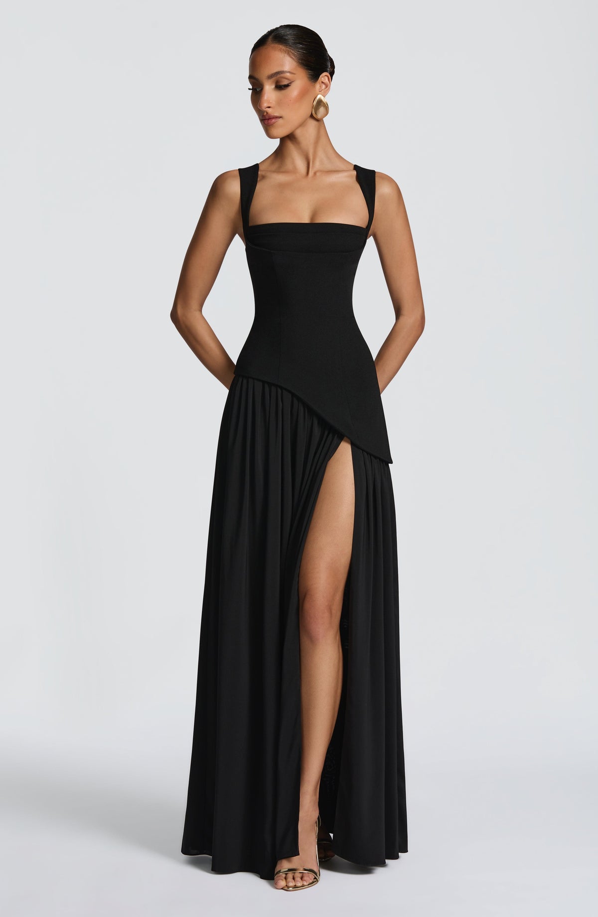 Dominique Black Dress with Strapless Neck and Side Slit