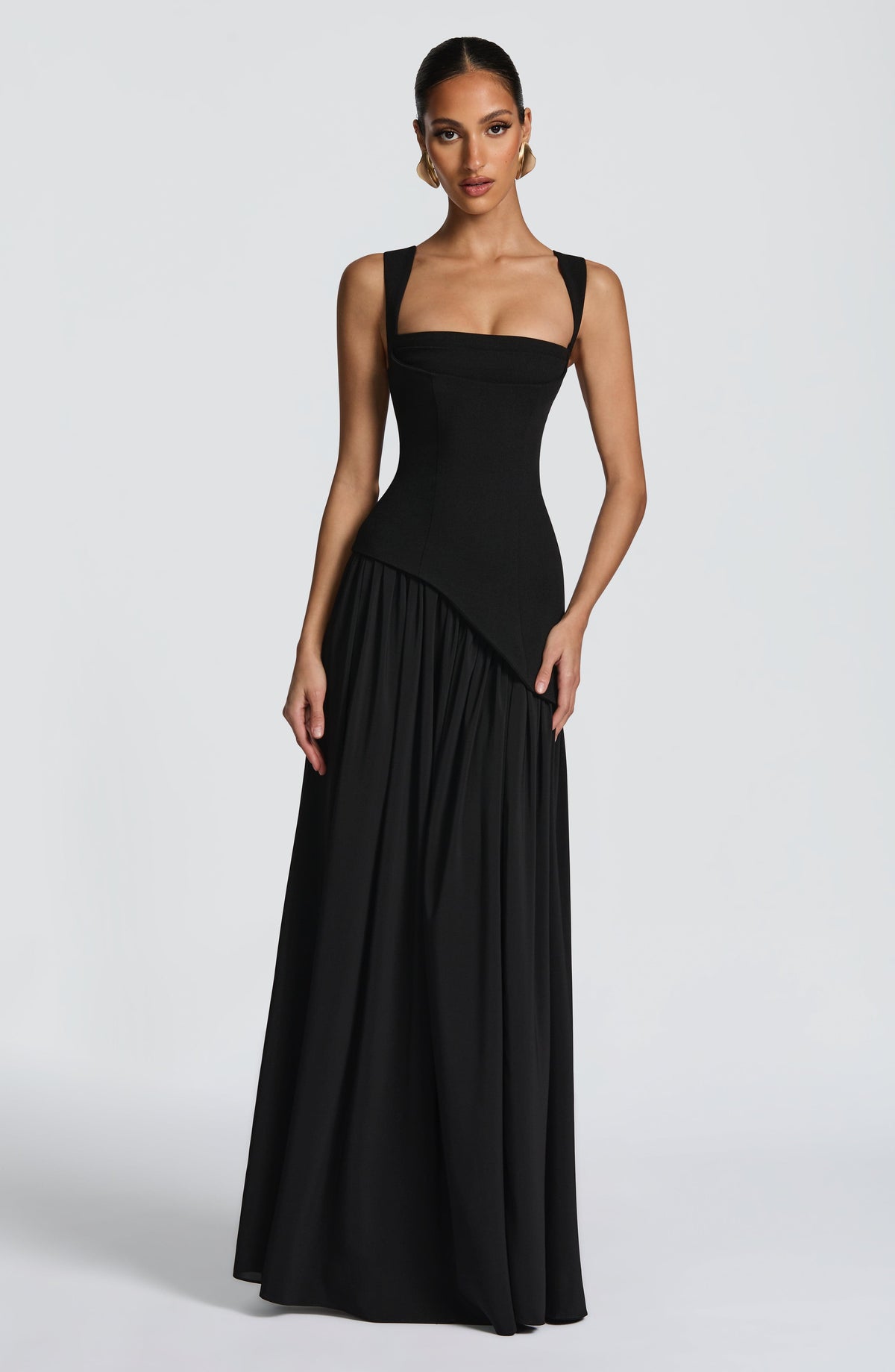 Dominique Black Dress with Strapless Neck and Side Slit