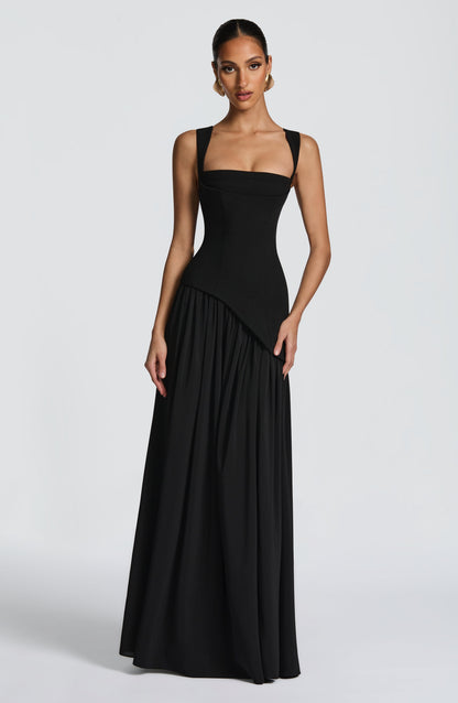 Dominique Black Dress with Strapless Neck and Side Slit