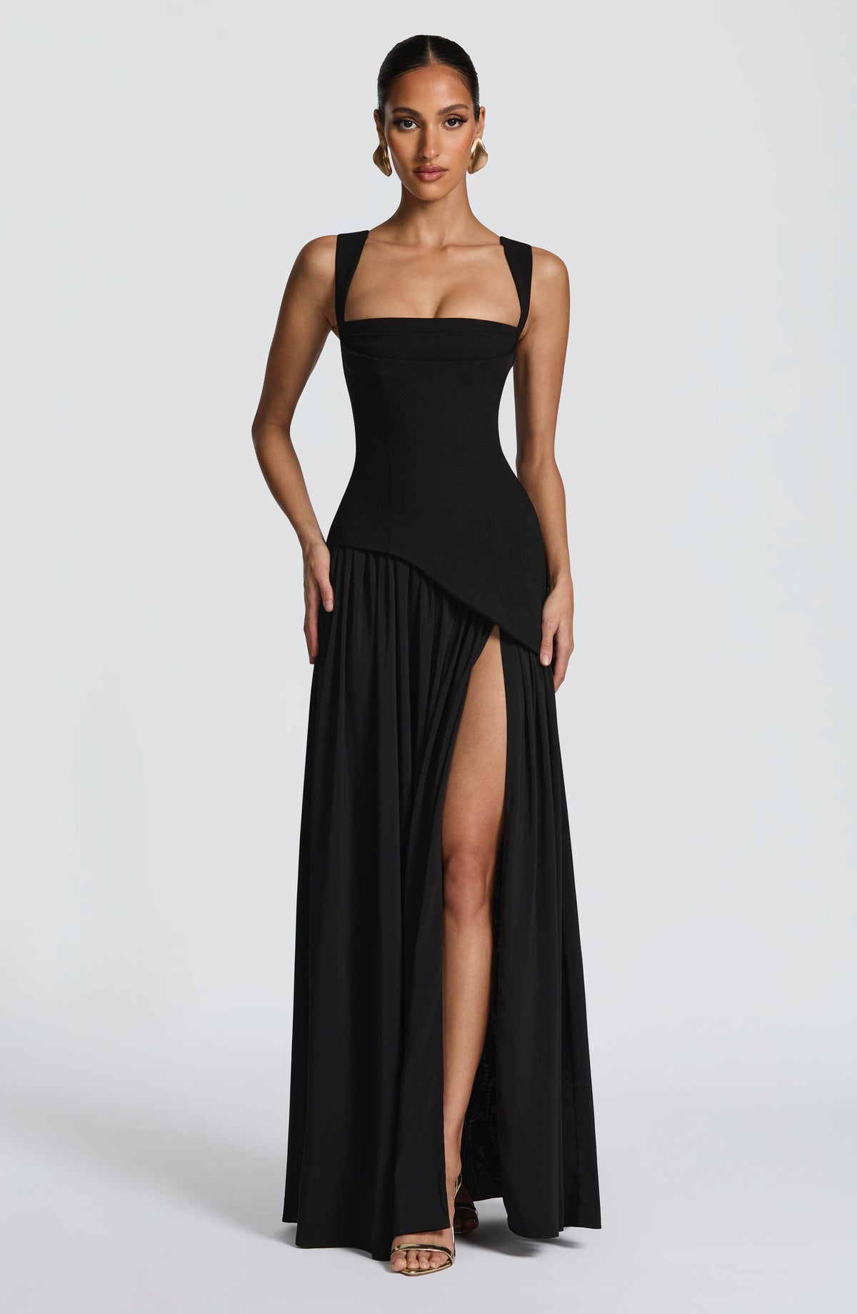 Dominique Black Dress with Strapless Neck and Side Slit