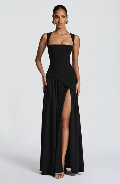 Dominique Black Dress with Strapless Neck and Side Slit