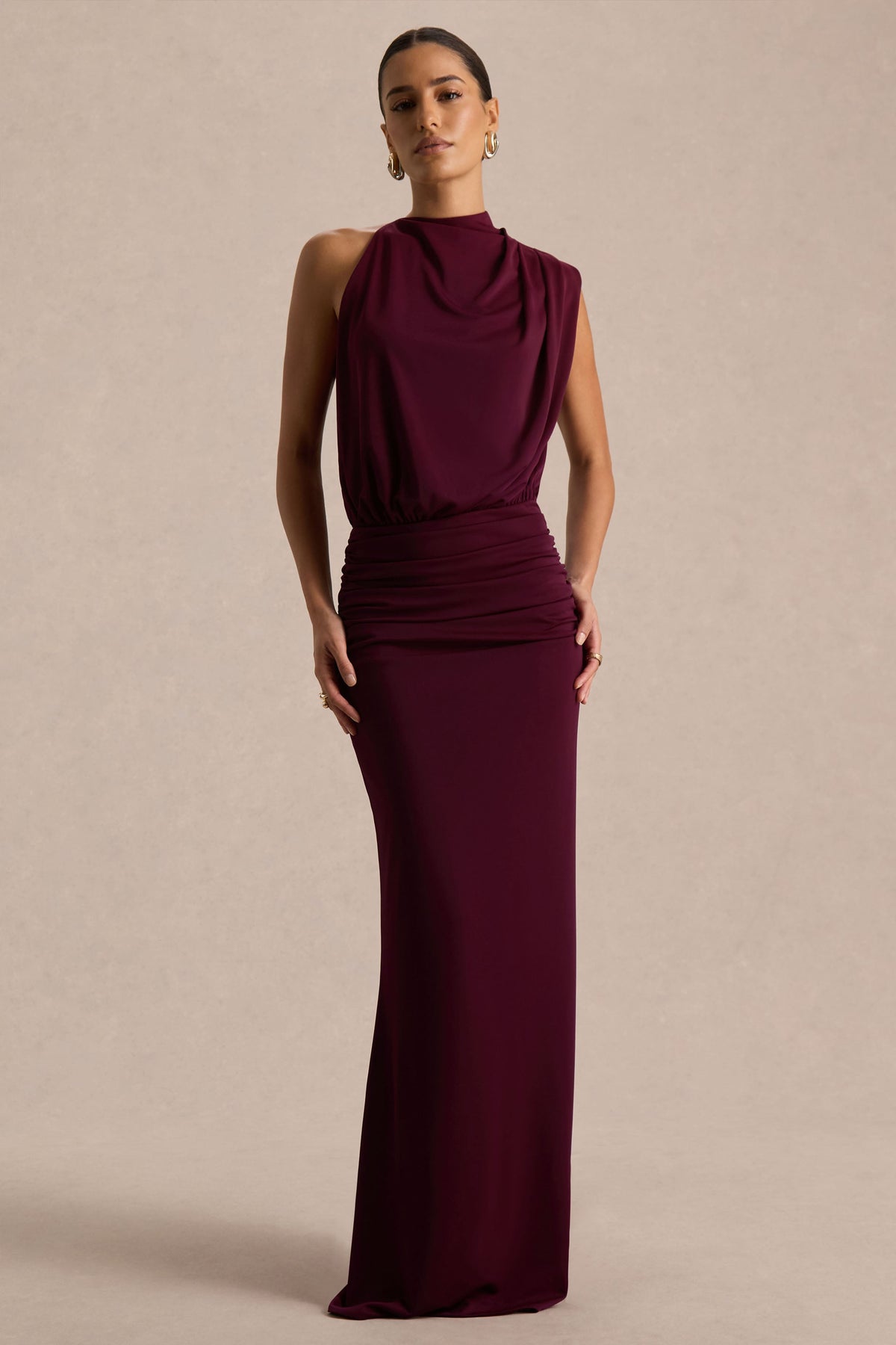 Sofia Burgundy Dress with High Neck and Draped Jersey