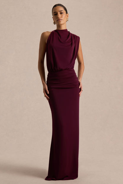 Sofia Burgundy Dress with High Neck and Draped Jersey