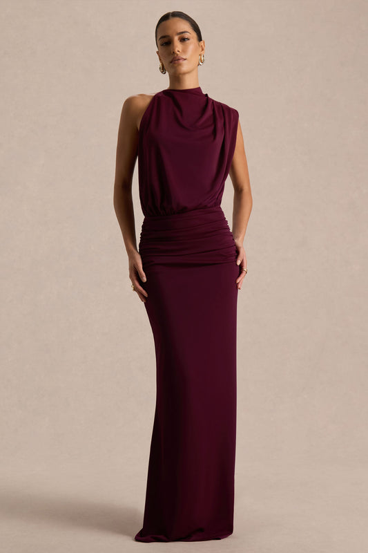 Sofia Burgundy Dress with High Neck and Draped Jersey