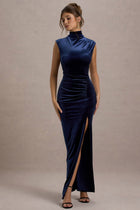 Greta Velvet Dress with High Neck and Front Slit