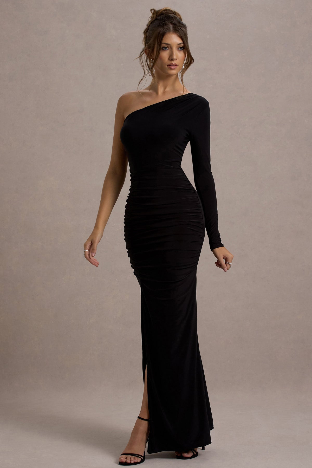 Darla Black Dress with One Sleeve and Ruched Body