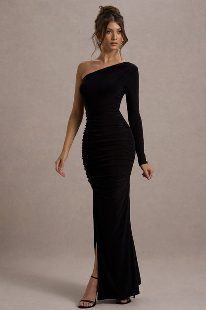 Darla Black Dress with One Sleeve and Ruched Body