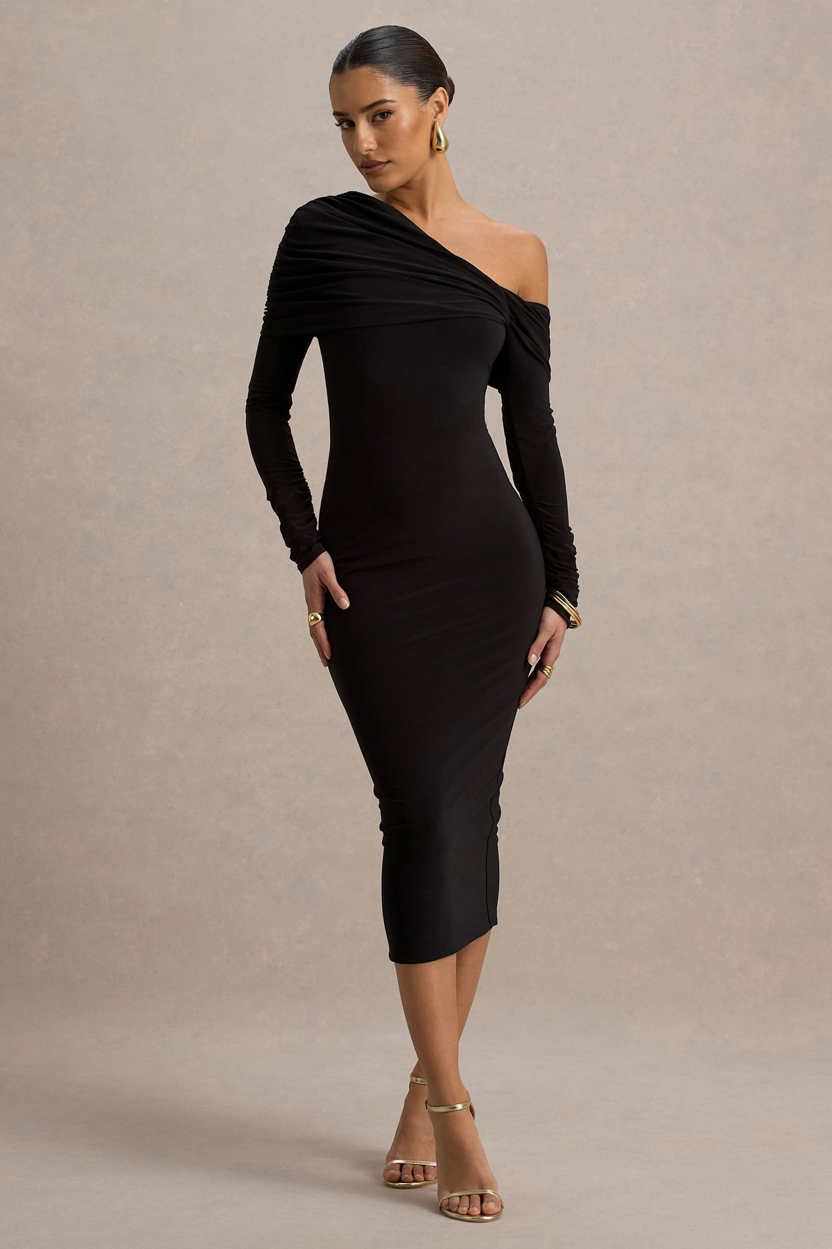 Hermione Black Dress with One Shoulder and Bodycon Midi