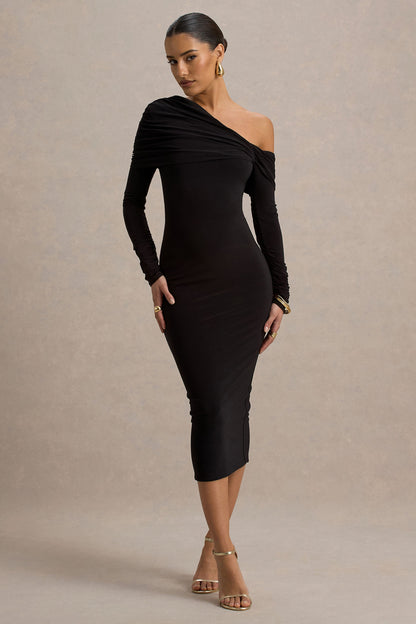 Hermione Black Dress with One Shoulder and Bodycon Midi