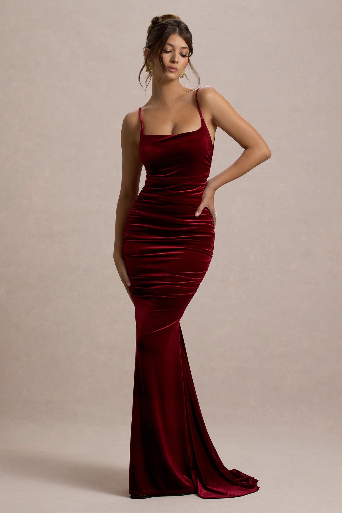 Agnes Velvet Dress with Fine Straps and Fishtail Hem