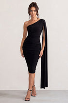 Elle Black Dress with One Shoulder and Cape Sleeve
