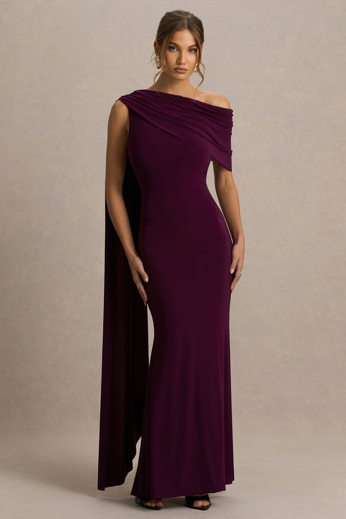 Zia Draped Evening Maxi Dress in Dark Plum