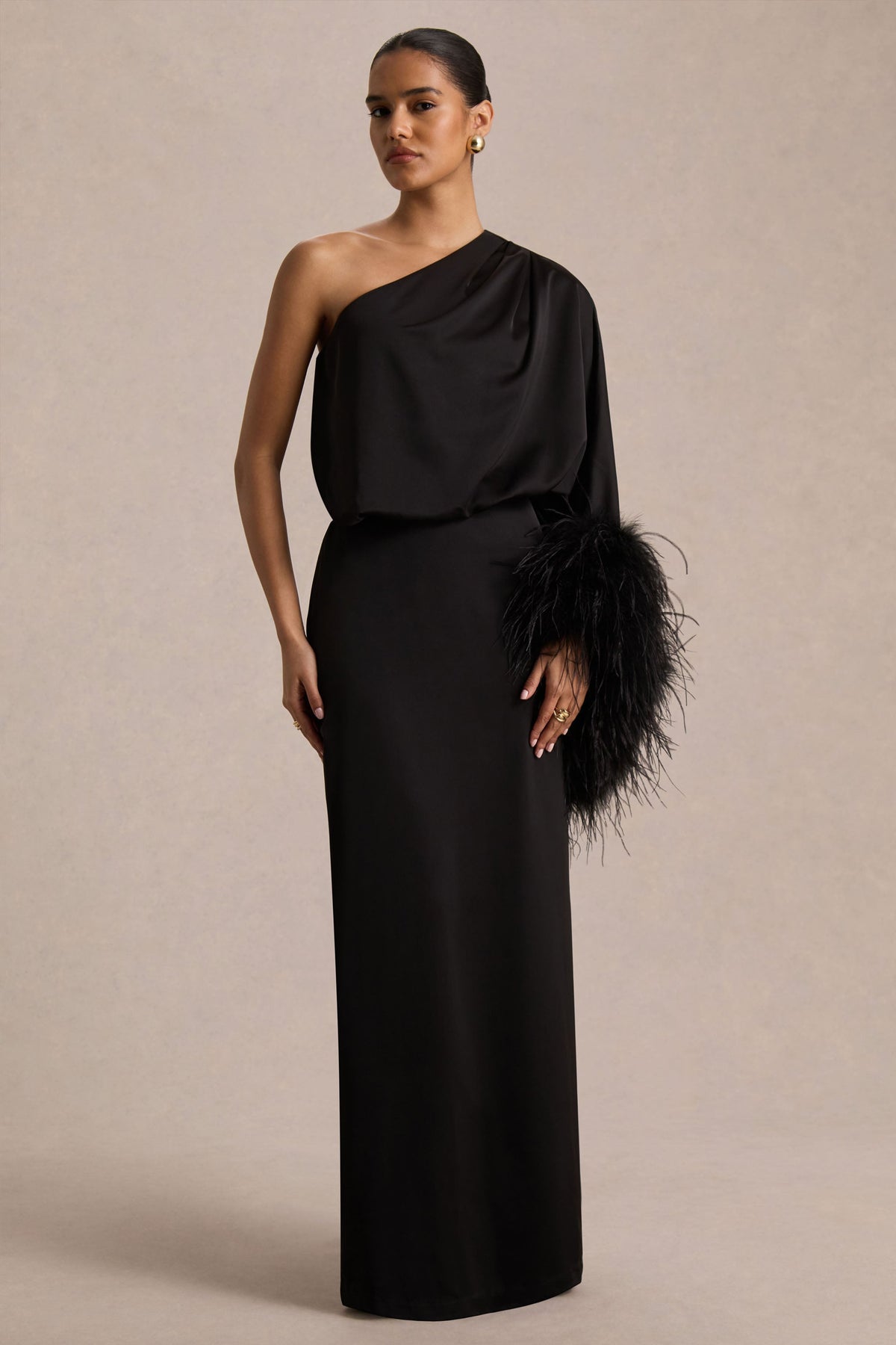 Eden Black Dress with Feather Trim and Satin Finish