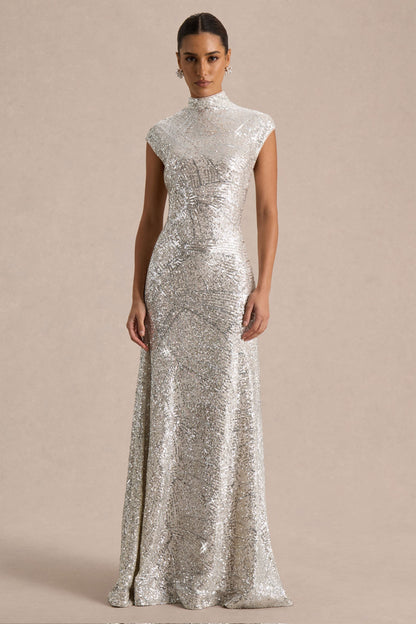 Cecy Silver Sequin Evening Dress