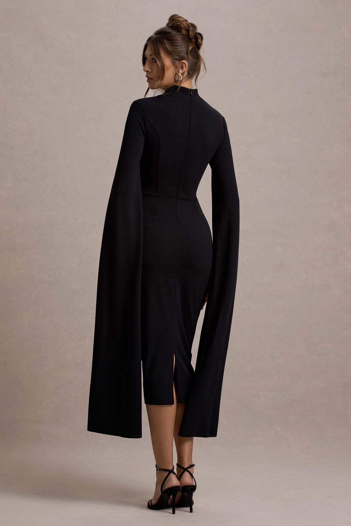 Effie Black Dress with Cape Sleeves and Bodycon Midi
