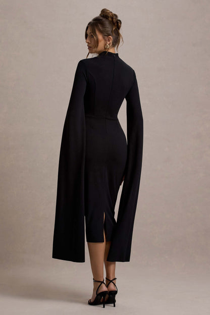 Effie Black Dress with Cape Sleeves and Bodycon Midi