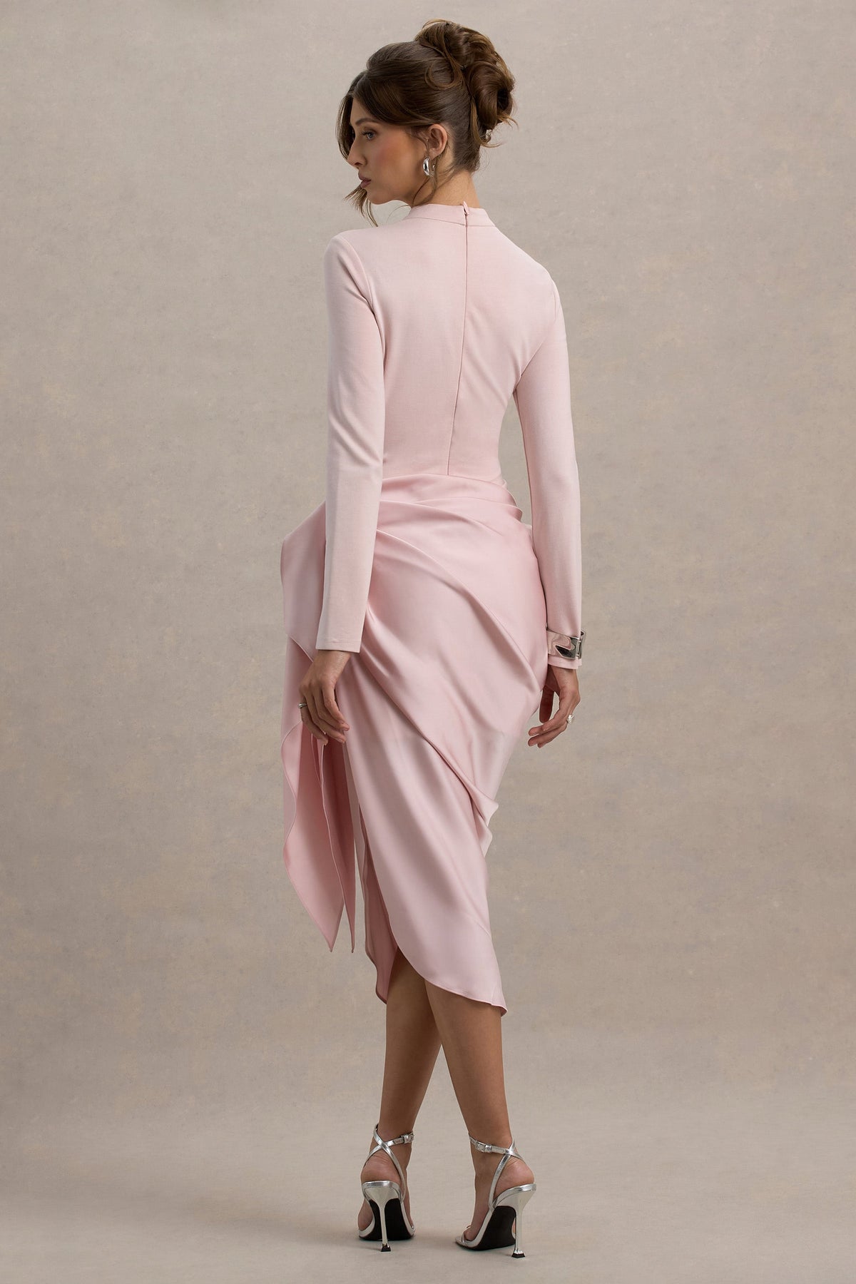 Katia Long Sleeve Dress with High Neck and Draped Wrap Skirt