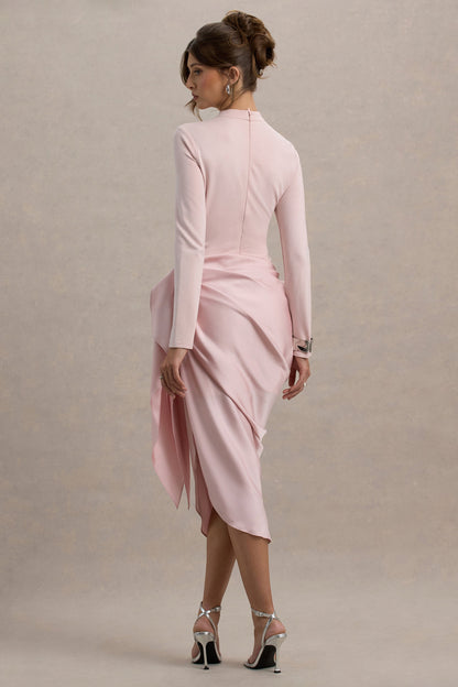 Katia Long Sleeve Dress with High Neck and Draped Wrap Skirt