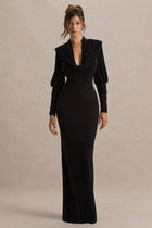 Leila Black Dress with Cowl Neck and Long Sleeves