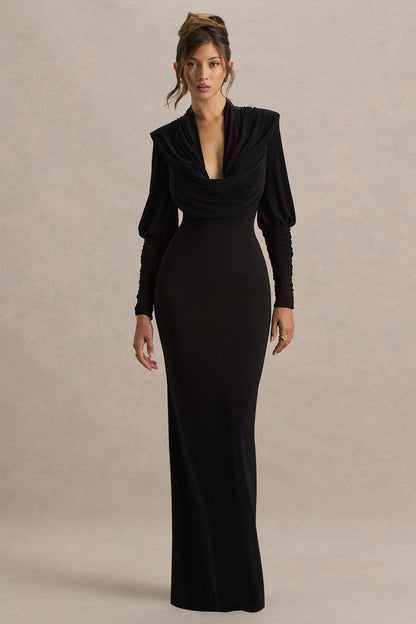 Leila Black Dress with Cowl Neck and Long Sleeves