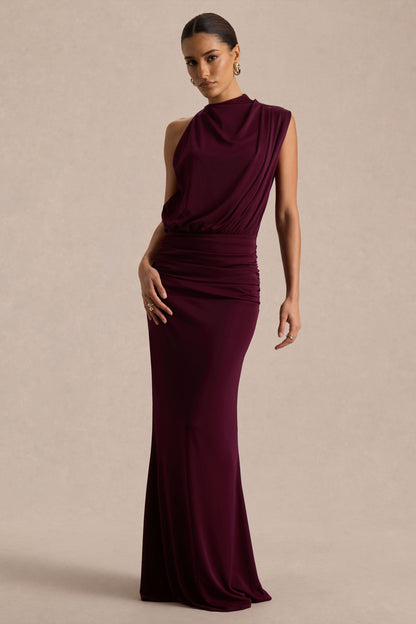 Sofia Burgundy Dress with High Neck and Draped Jersey