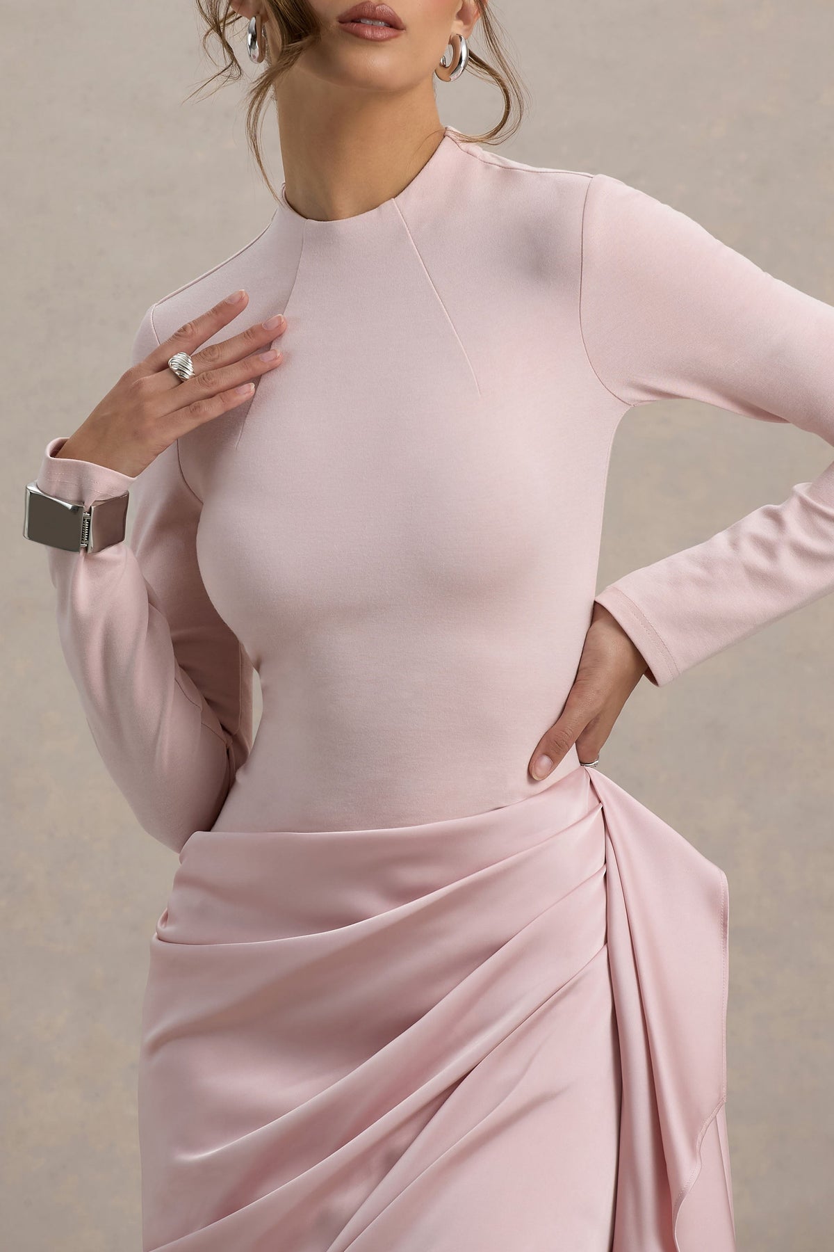 Katia Long Sleeve Dress with High Neck and Draped Wrap Skirt