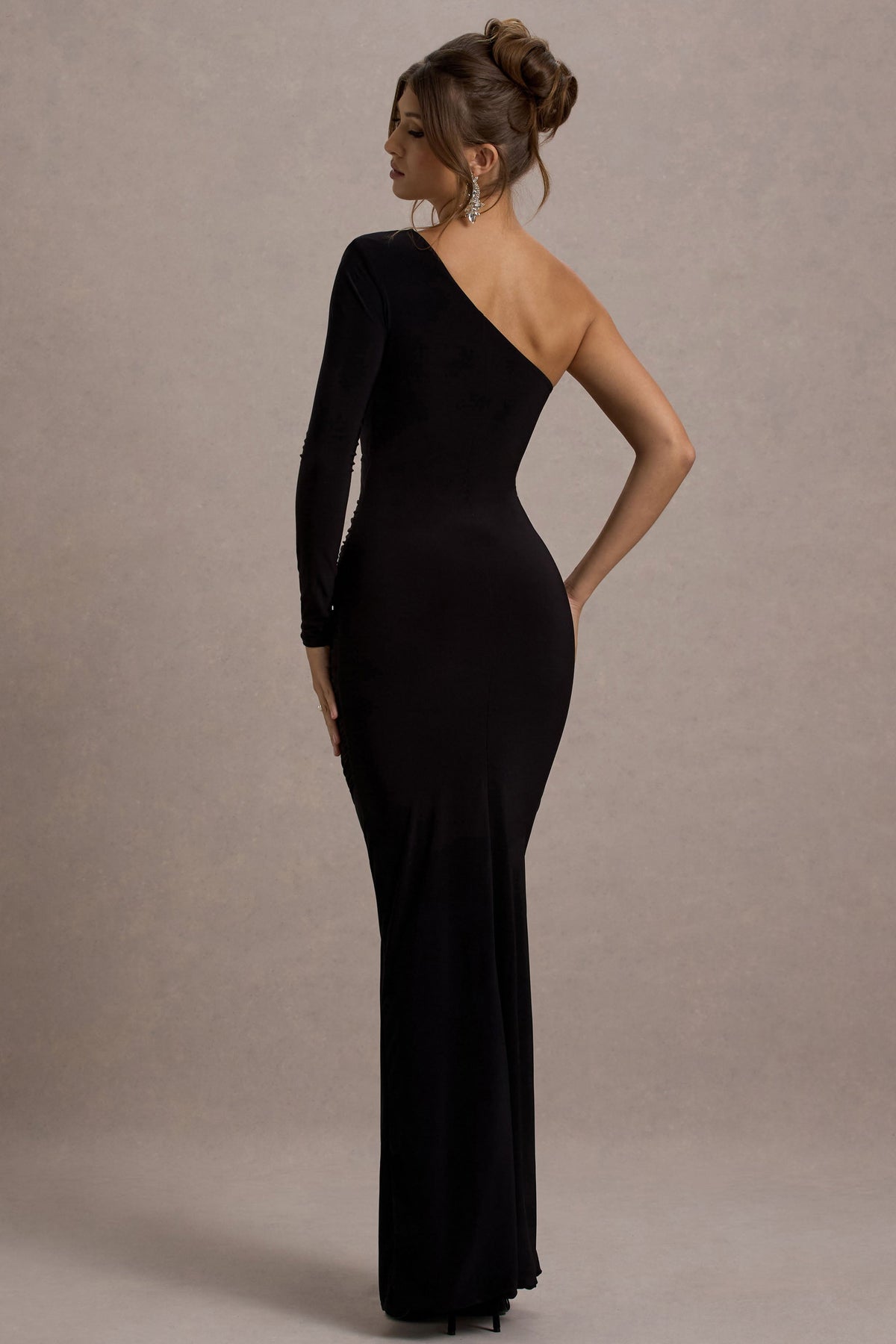 Darla Black Dress with One Sleeve and Ruched Body