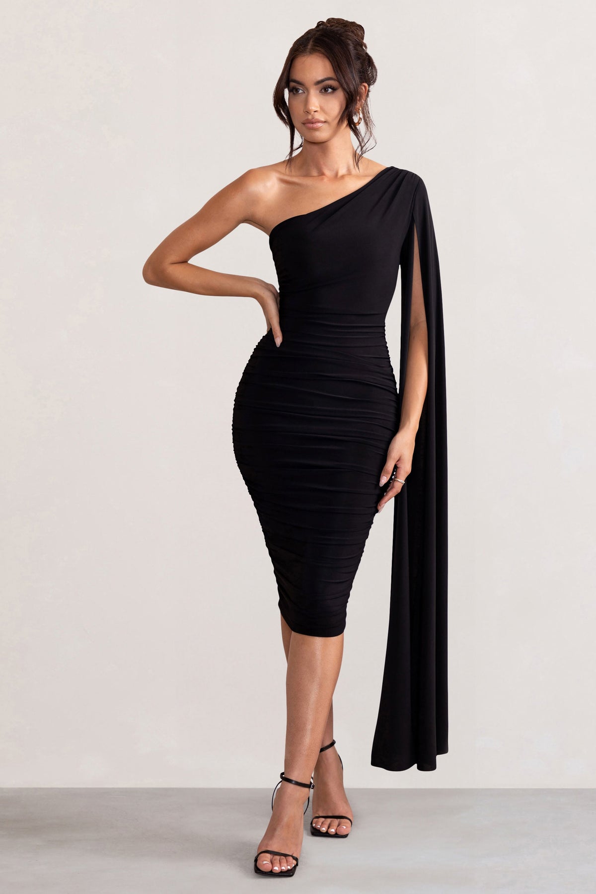 Elle Black Dress with One Shoulder and Cape Sleeve