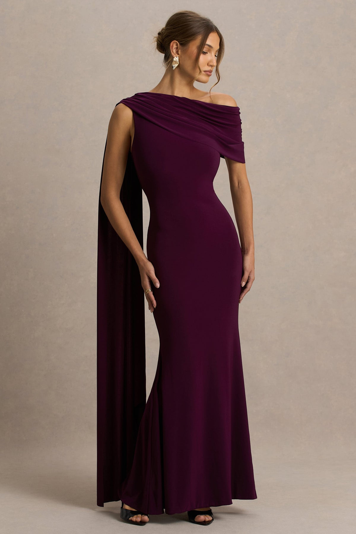 Zia Draped Evening Maxi Dress in Dark Plum