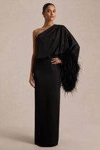 Eden Black Dress with Feather Trim and Satin Finish