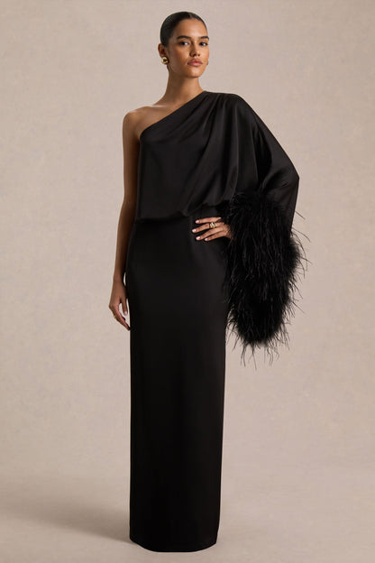 Eden Black Dress with Feather Trim and Satin Finish