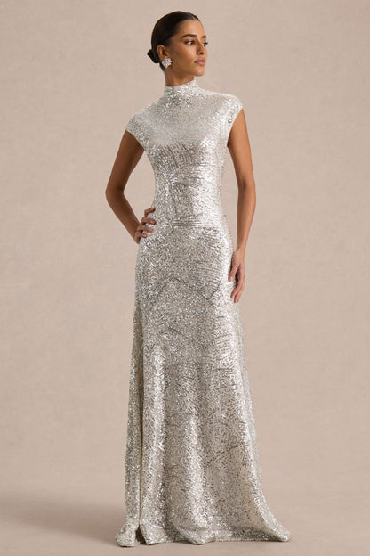 Cecy Silver Sequin Evening Dress