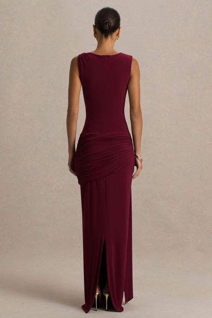Dinah Burgundy Dress with High Neck and Wrapped Skirt