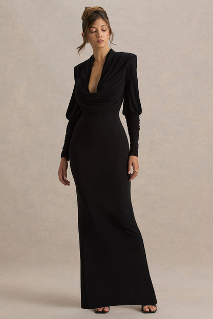 Leila Black Dress with Cowl Neck and Long Sleeves