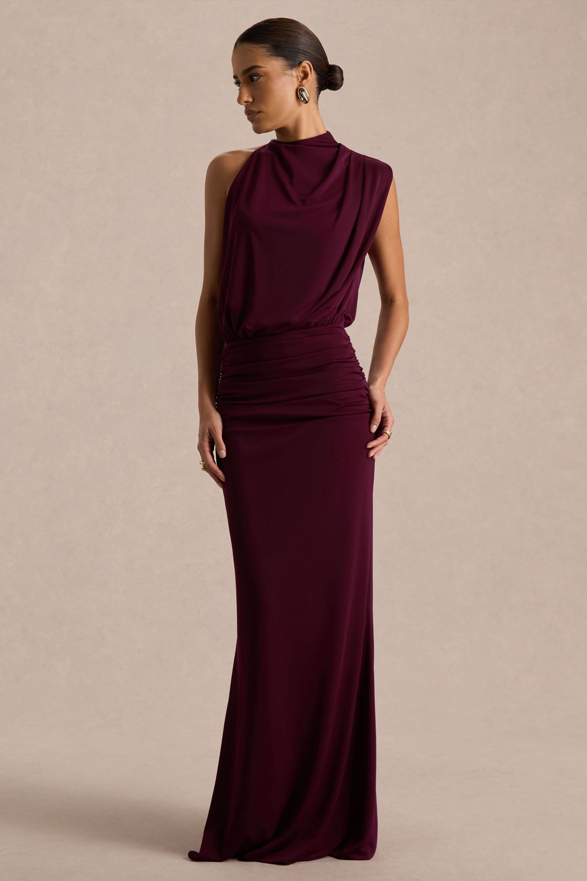 Sofia Burgundy Dress with High Neck and Draped Jersey