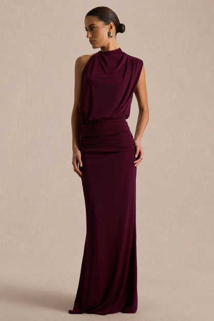 Sofia Burgundy Dress with High Neck and Draped Jersey