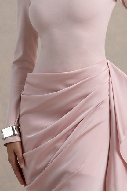 Katia Long Sleeve Dress with High Neck and Draped Wrap Skirt