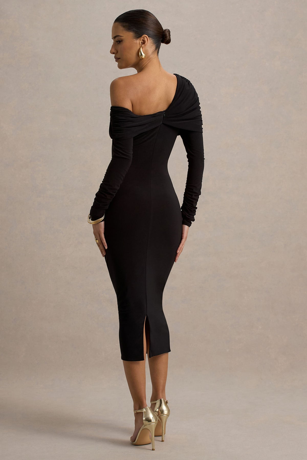 Hermione Black Dress with One Shoulder and Bodycon Midi
