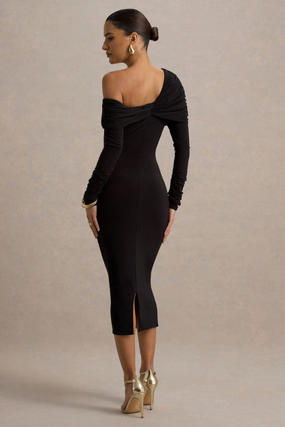 Hermione Black Dress with One Shoulder and Bodycon Midi